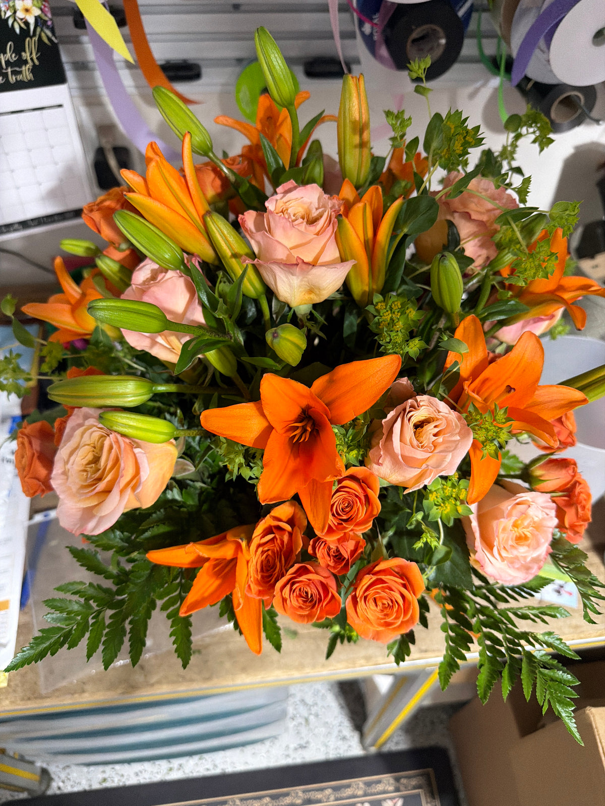 Fiery Lily and Rose Bouquet
