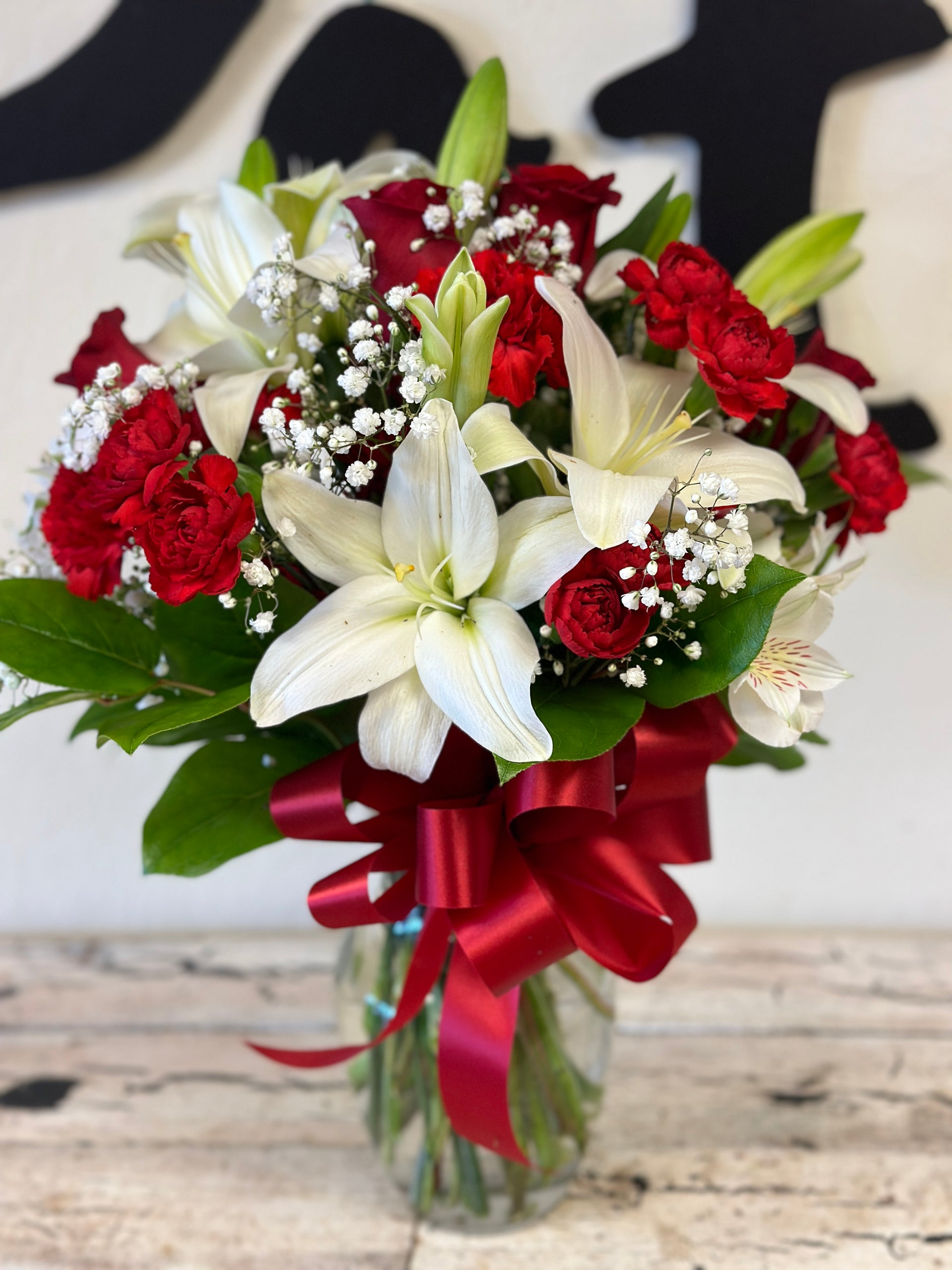 red roses white lilies bouquet Fields of Europe Bouquet Bliss – The Petal Patch