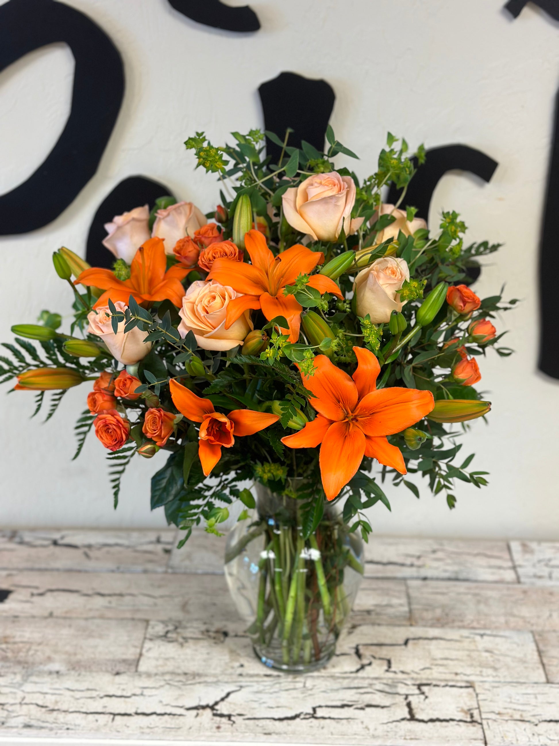 rose and lily flower arrangements Fiery Lily and Rose Bouquet